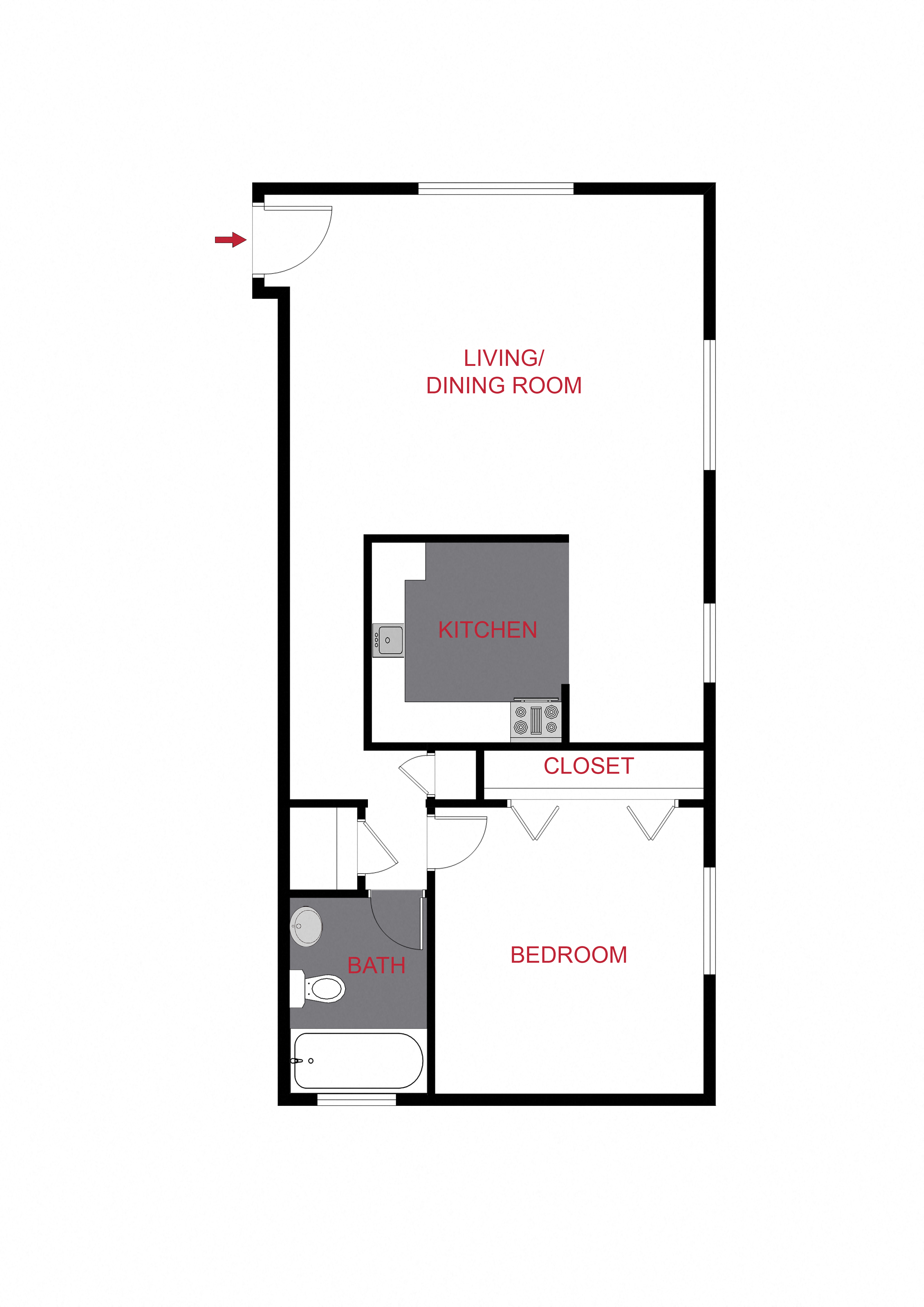 Floor plan for 1 bed, 1 bath, 516 sqft